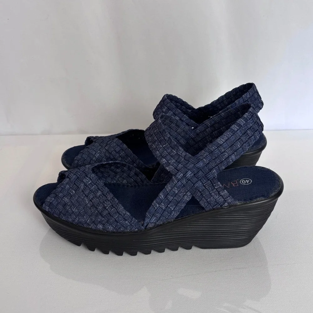 Bernie Mev Womens Lulia Navy Blue Woven Elastic Wedge Sandals Size 40 EU 9 US